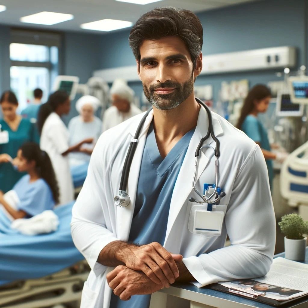 Illustration of a physician in a hospital care setting